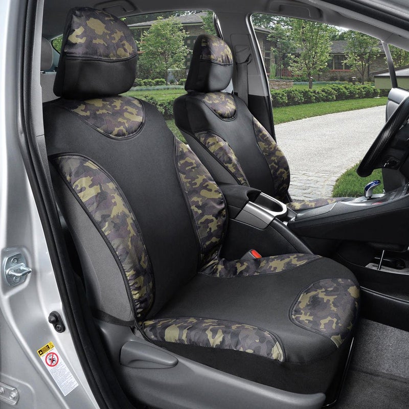 BDK Waterproof Camo Seat Covers for Car Truck Van SUV, 2 Pack â€“ Two-Tone Black & Camouflage, Durable Neoprene Seat Protectors, Sideless Design Compatible with Armrests and Airbags - Image 2